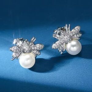 Petite Bee Silver Pearl Insect Earrings